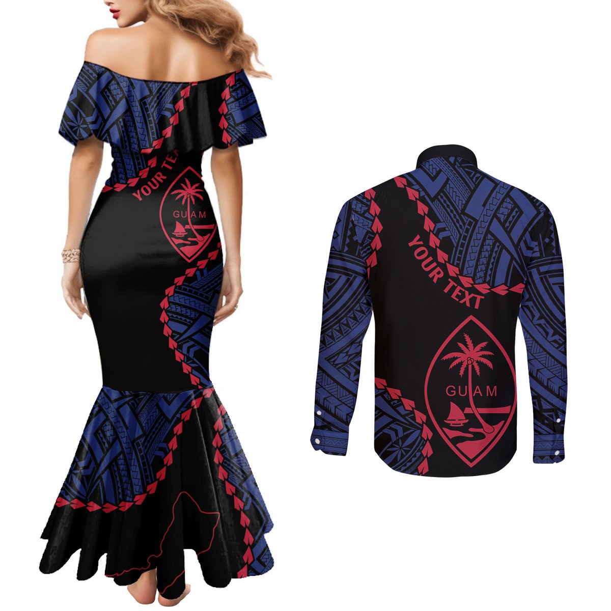 Personalized Guam 80th Anniversary Liberation Day Couples Matching Mermaid Dress and Long Sleeve Button Shirt Guahan Basic Seal