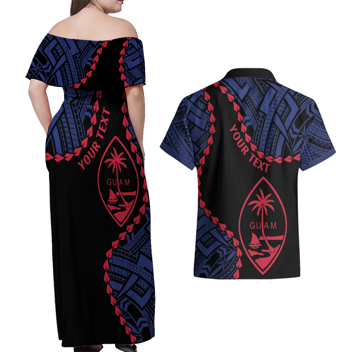 Personalized Guam 80th Anniversary Liberation Day Couples Matching Off Shoulder Maxi Dress and Hawaiian Shirt Guahan Basic Seal
