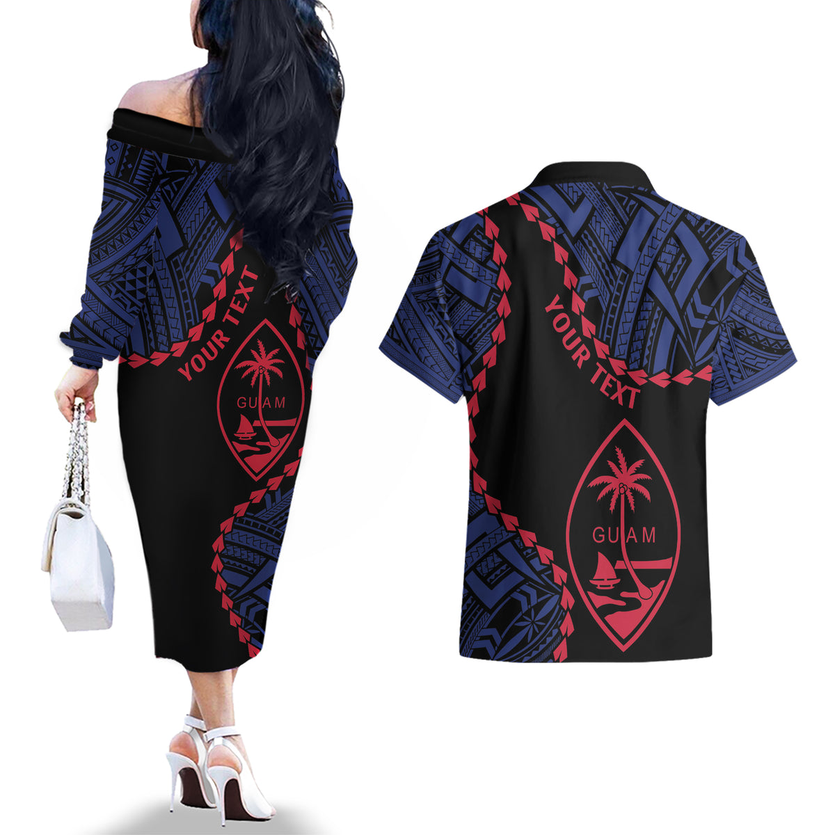 Personalized Guam 80th Anniversary Liberation Day Couples Matching Off The Shoulder Long Sleeve Dress and Hawaiian Shirt Guahan Basic Seal