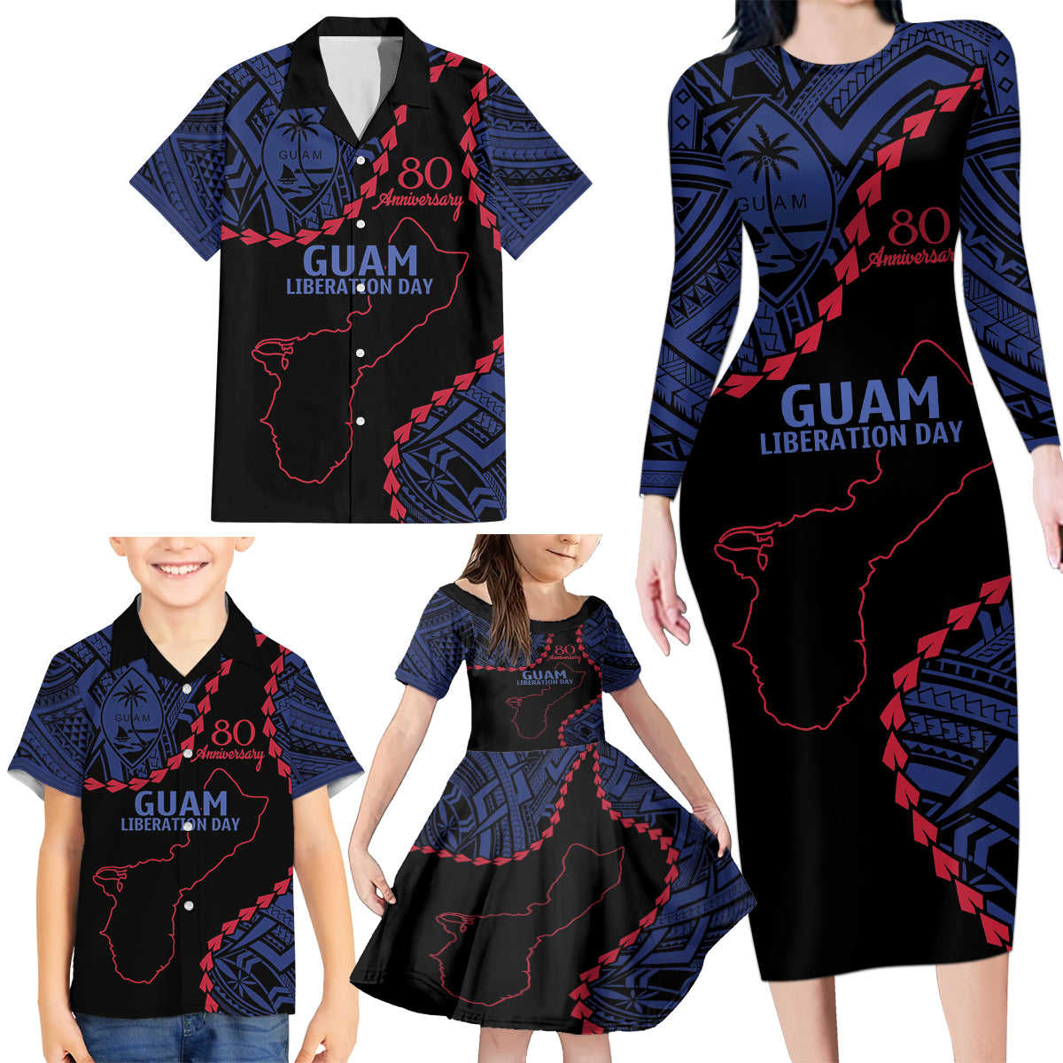 Personalized Guam 80th Anniversary Liberation Day Family Matching Long Sleeve Bodycon Dress and Hawaiian Shirt Guahan Basic Seal LT9 - Polynesian Pride