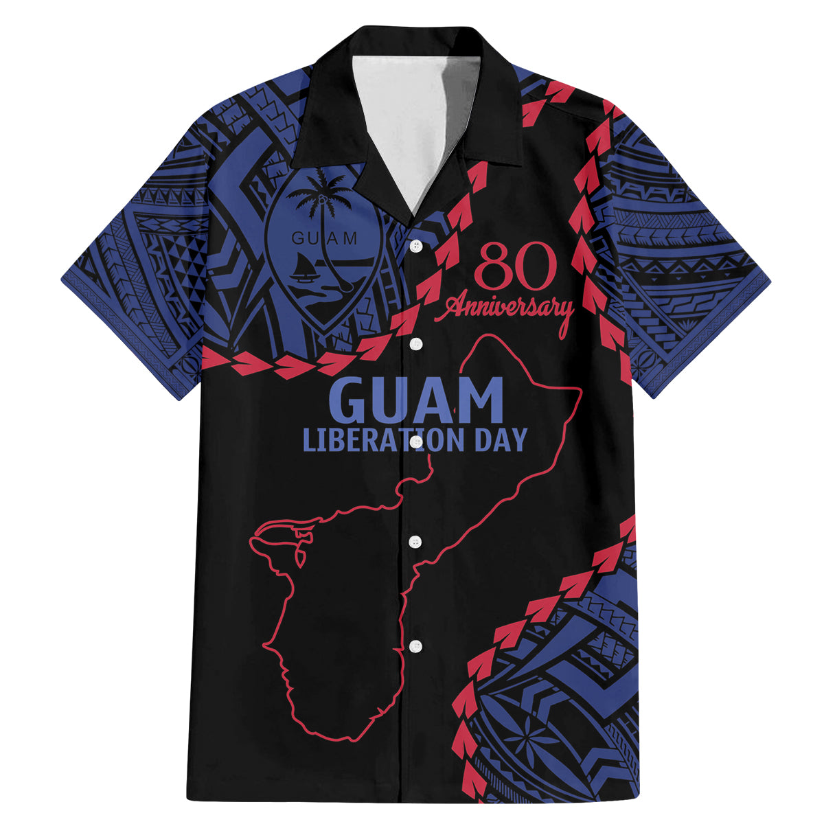 Personalized Guam 80th Anniversary Liberation Day Family Matching Mermaid Dress and Hawaiian Shirt Guahan Basic Seal LT9 Dad's Shirt - Short Sleeve Black - Polynesian Pride