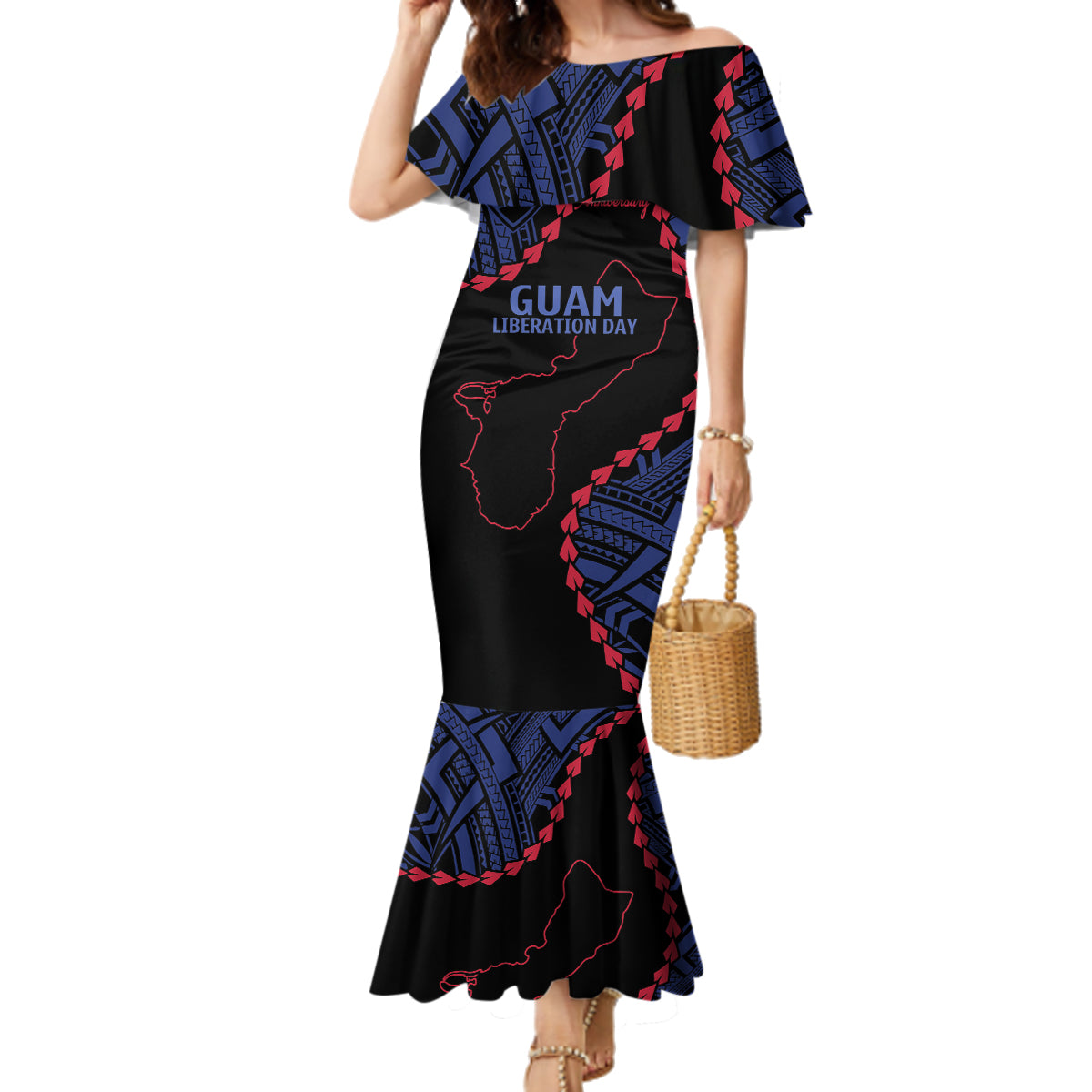 Personalized Guam 80th Anniversary Liberation Day Family Matching Mermaid Dress and Hawaiian Shirt Guahan Basic Seal LT9 Mom's Dress Black - Polynesian Pride