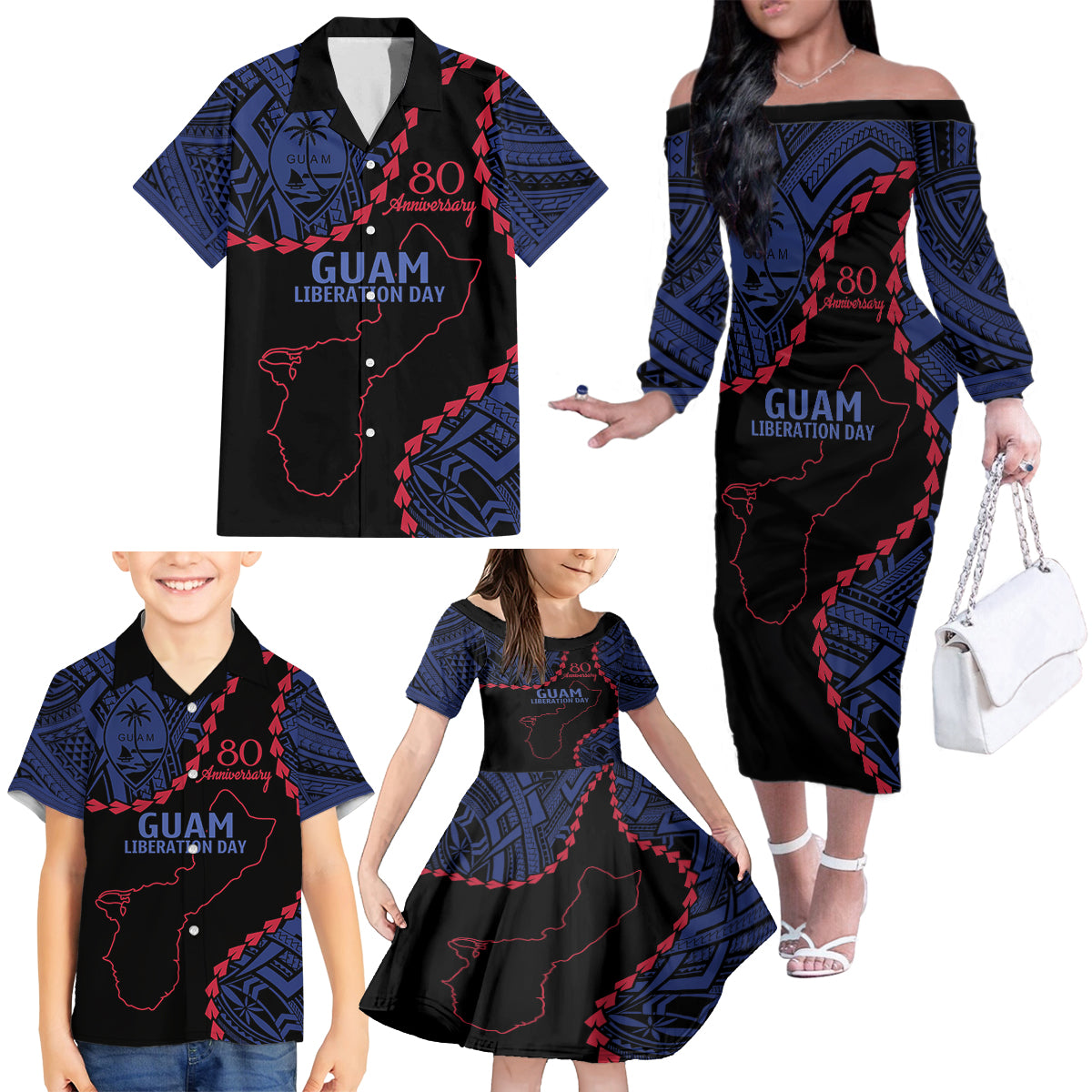 Personalized Guam 80th Anniversary Liberation Day Family Matching Off The Shoulder Long Sleeve Dress and Hawaiian Shirt Guahan Basic Seal LT9 - Polynesian Pride