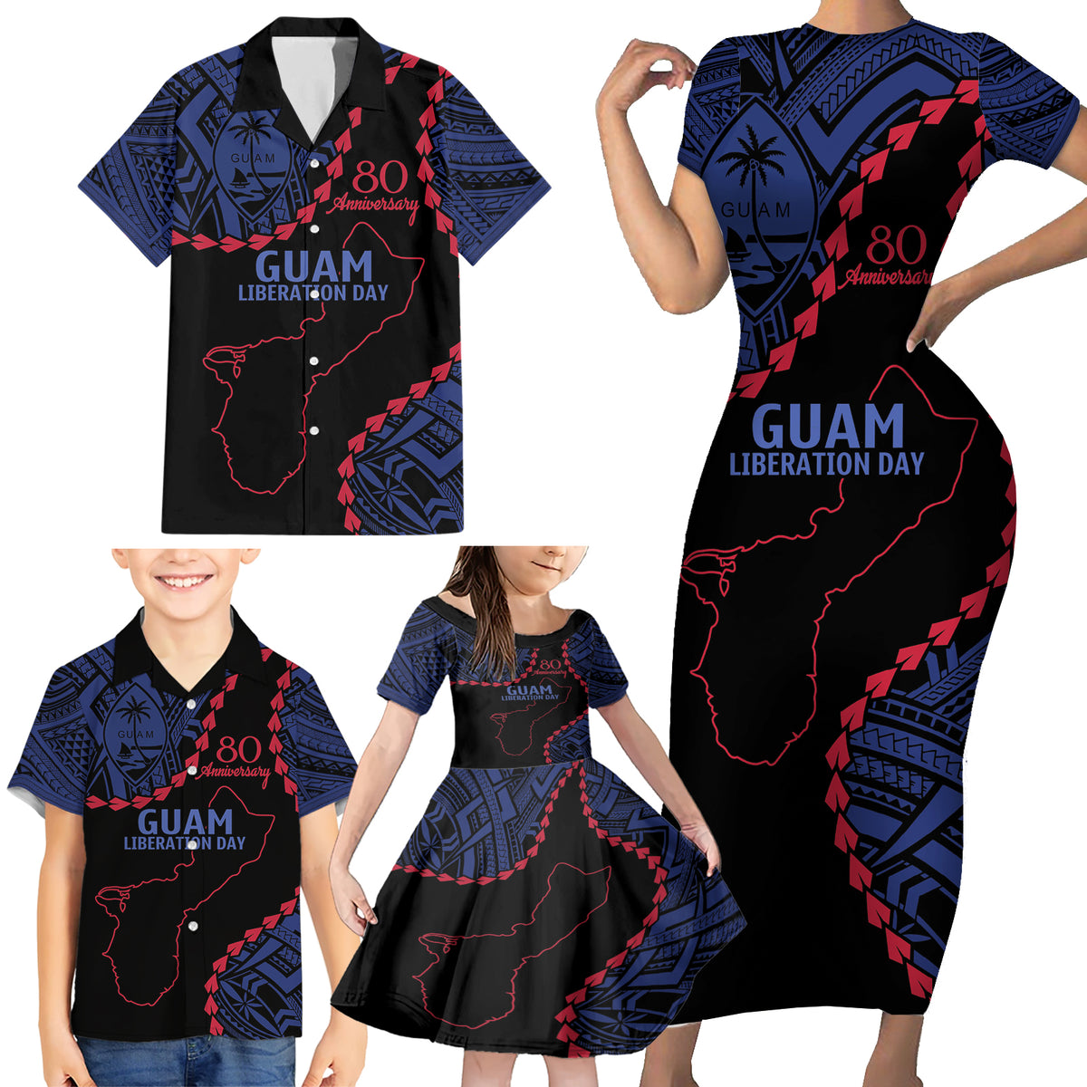 Personalized Guam 80th Anniversary Liberation Day Family Matching Short Sleeve Bodycon Dress and Hawaiian Shirt Guahan Basic Seal LT9 - Polynesian Pride