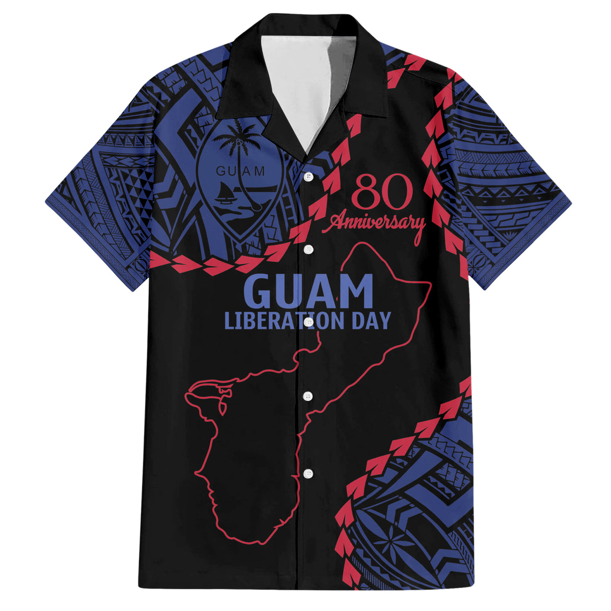 Personalized Guam 80th Anniversary Liberation Day Family Matching Short Sleeve Bodycon Dress and Hawaiian Shirt Guahan Basic Seal LT9 Dad's Shirt - Short Sleeve Black - Polynesian Pride