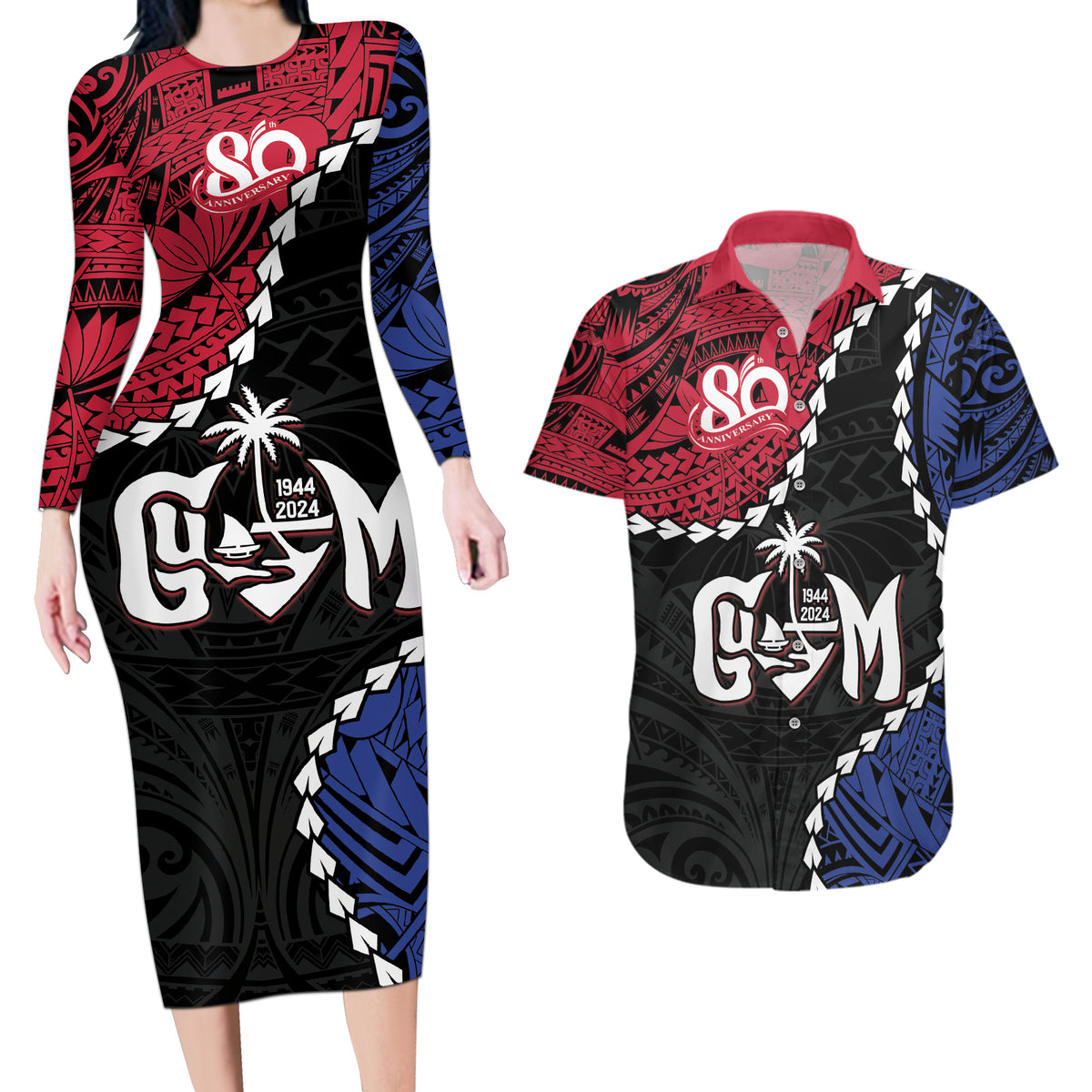 Personalized Guam 80th Anniversary Liberation Day Couples Matching Long Sleeve Bodycon Dress and Hawaiian Shirt Tano I Man Chamoru Since 1944 LT9 Black - Polynesian Pride