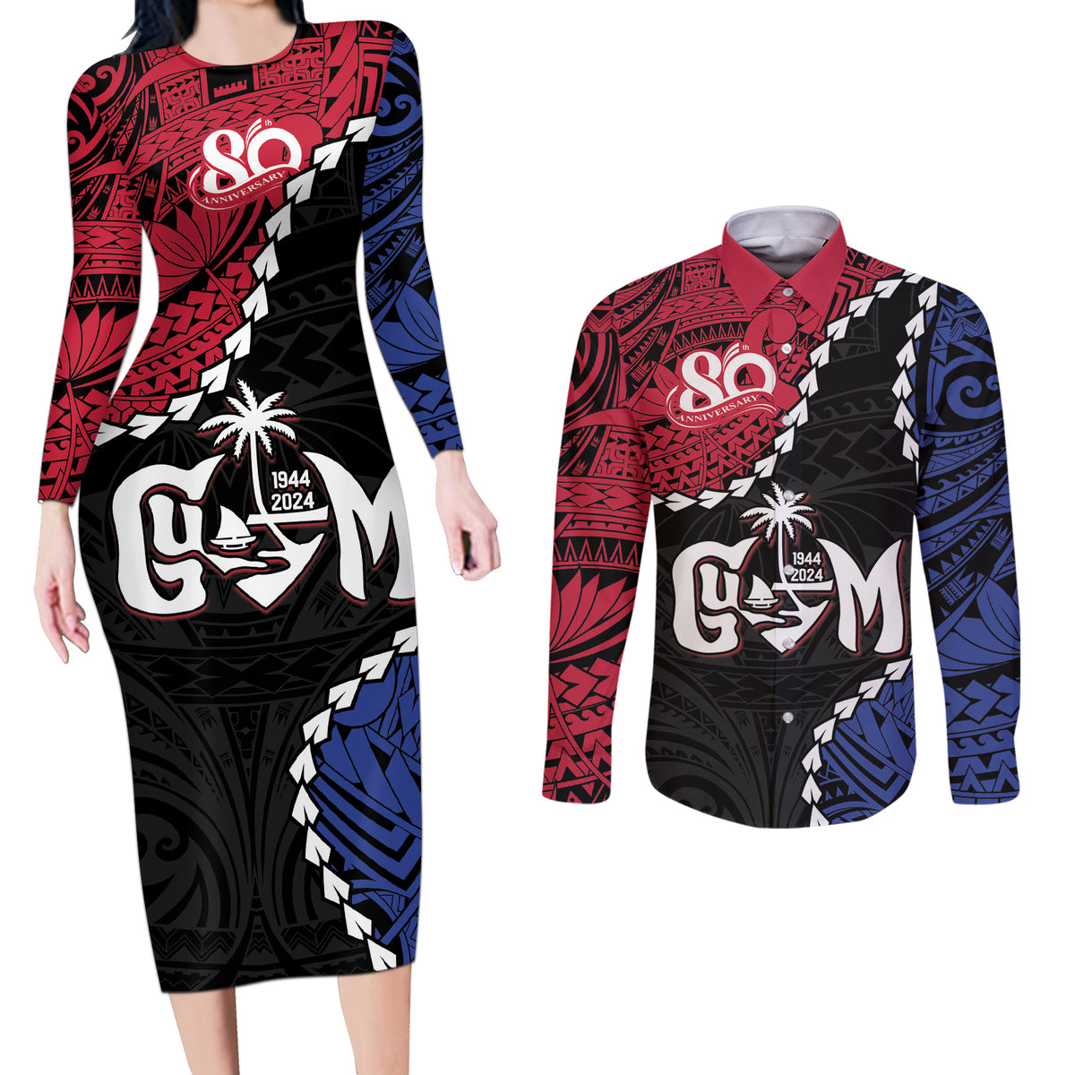 Personalized Guam 80th Anniversary Liberation Day Couples Matching Long Sleeve Bodycon Dress and Long Sleeve Button Shirt Tano I Man Chamoru Since 1944 LT9 Black - Polynesian Pride