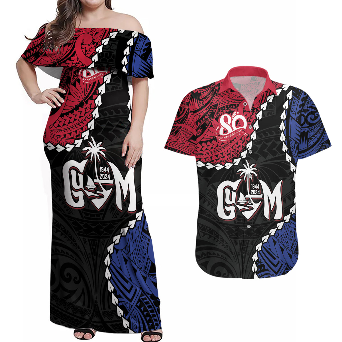 Personalized Guam 80th Anniversary Liberation Day Couples Matching Off Shoulder Maxi Dress and Hawaiian Shirt Tano I Man Chamoru Since 1944 LT9 Black - Polynesian Pride