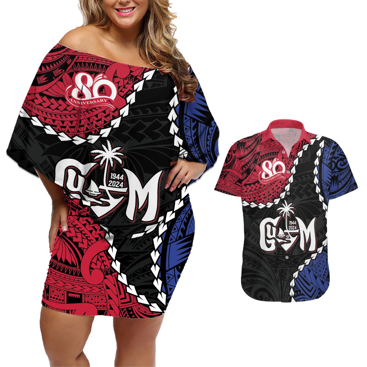 Personalized Guam 80th Anniversary Liberation Day Couples Matching Off Shoulder Short Dress and Hawaiian Shirt Tano I Man Chamoru Since 1944 LT9 Black - Polynesian Pride