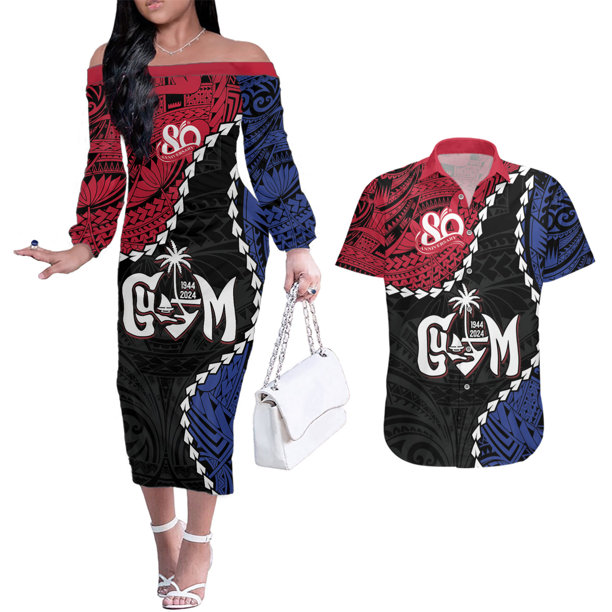 Personalized Guam 80th Anniversary Liberation Day Couples Matching Off The Shoulder Long Sleeve Dress and Hawaiian Shirt Tano I Man Chamoru Since 1944 LT9 Black - Polynesian Pride