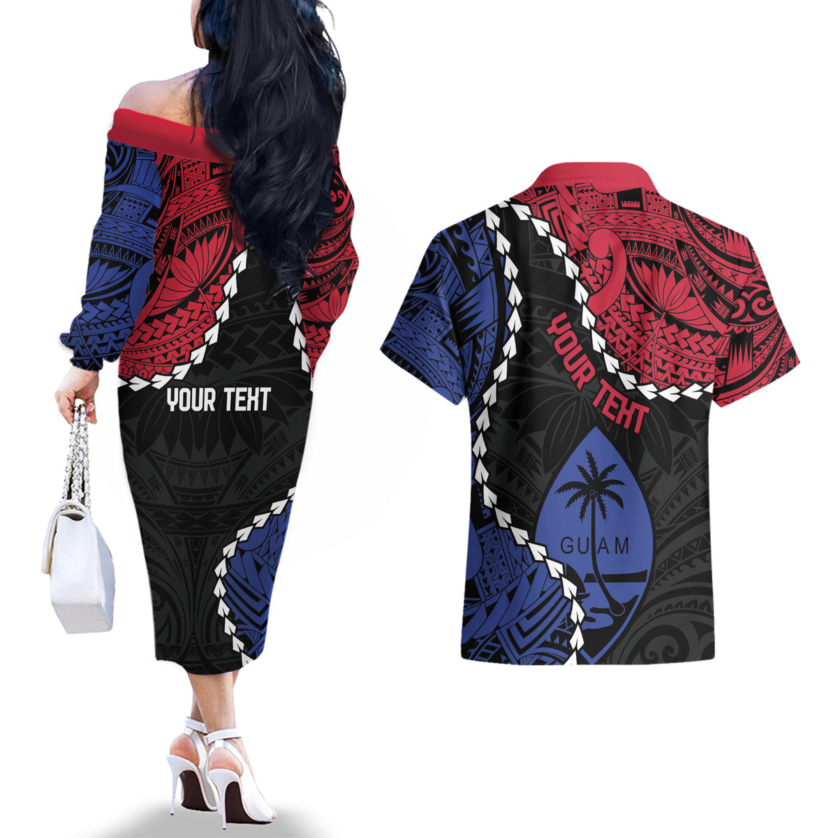 Personalized Guam 80th Anniversary Liberation Day Couples Matching Off The Shoulder Long Sleeve Dress and Hawaiian Shirt Tano I Man Chamoru Since 1944 LT9 - Polynesian Pride