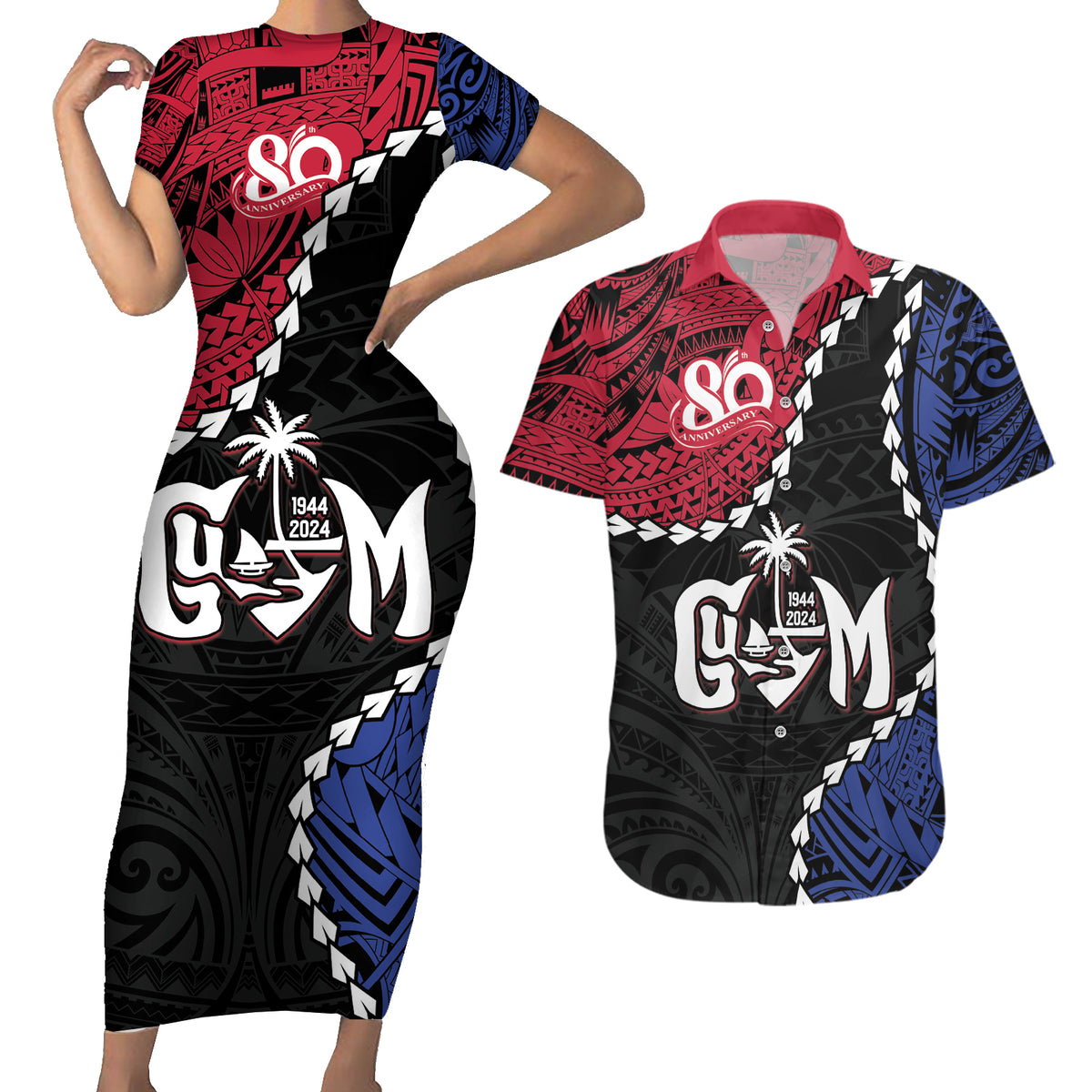 Personalized Guam 80th Anniversary Liberation Day Couples Matching Short Sleeve Bodycon Dress and Hawaiian Shirt Tano I Man Chamoru Since 1944 LT9 Black - Polynesian Pride