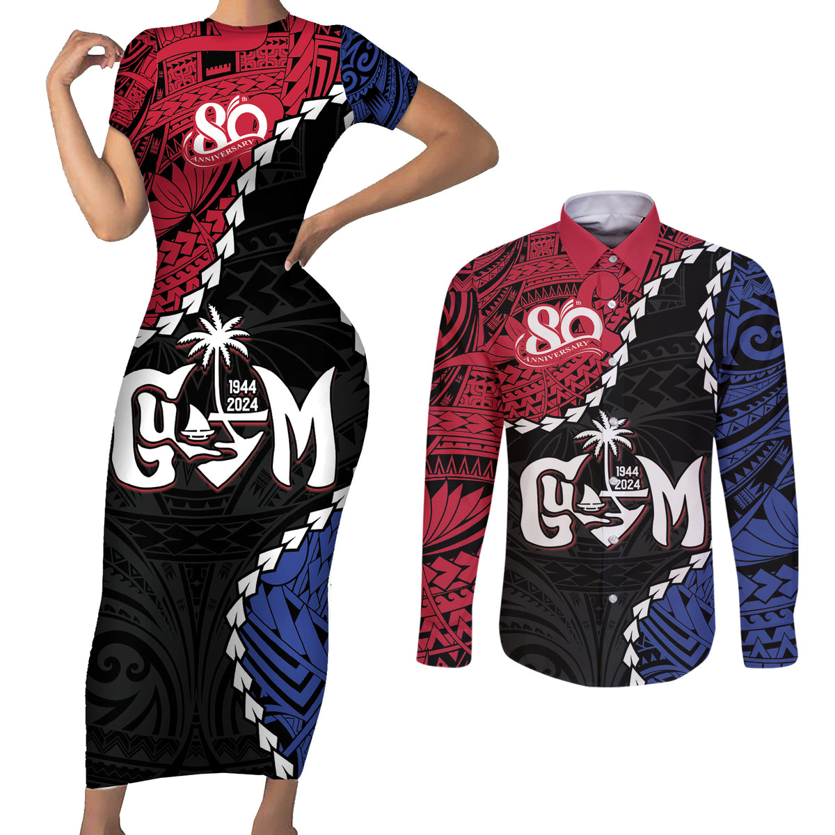 Personalized Guam 80th Anniversary Liberation Day Couples Matching Short Sleeve Bodycon Dress and Long Sleeve Button Shirt Tano I Man Chamoru Since 1944 LT9 Black - Polynesian Pride