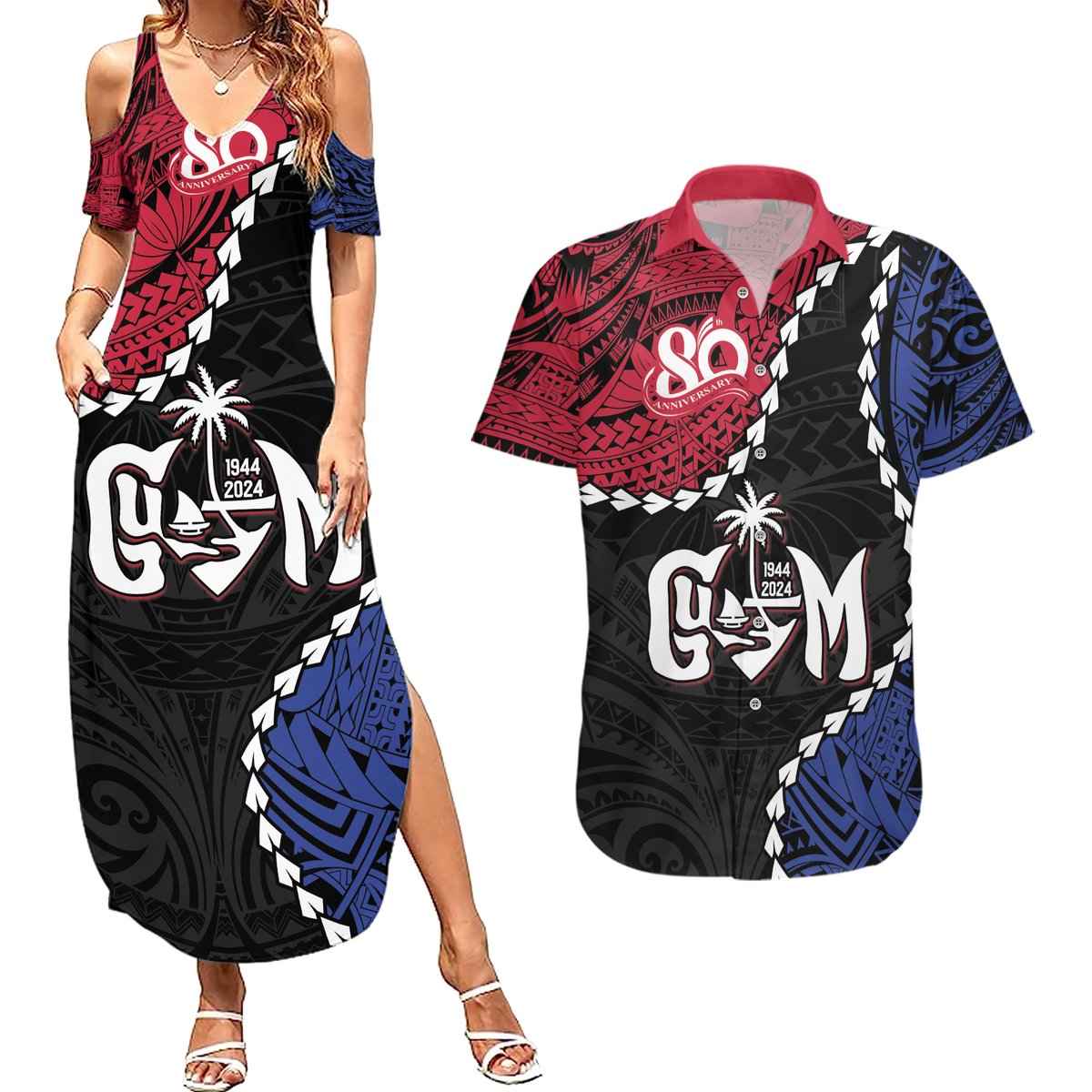 Personalized Guam 80th Anniversary Liberation Day Couples Matching Summer Maxi Dress and Hawaiian Shirt Tano I Man Chamoru Since 1944 LT9 Black - Polynesian Pride