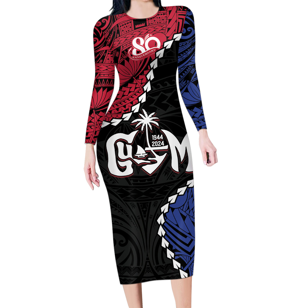 Personalized Guam 80th Anniversary Liberation Day Family Matching Long Sleeve Bodycon Dress and Hawaiian Shirt Tano I Man Chamoru Since 1944 LT9 Mom's Dress Black - Polynesian Pride