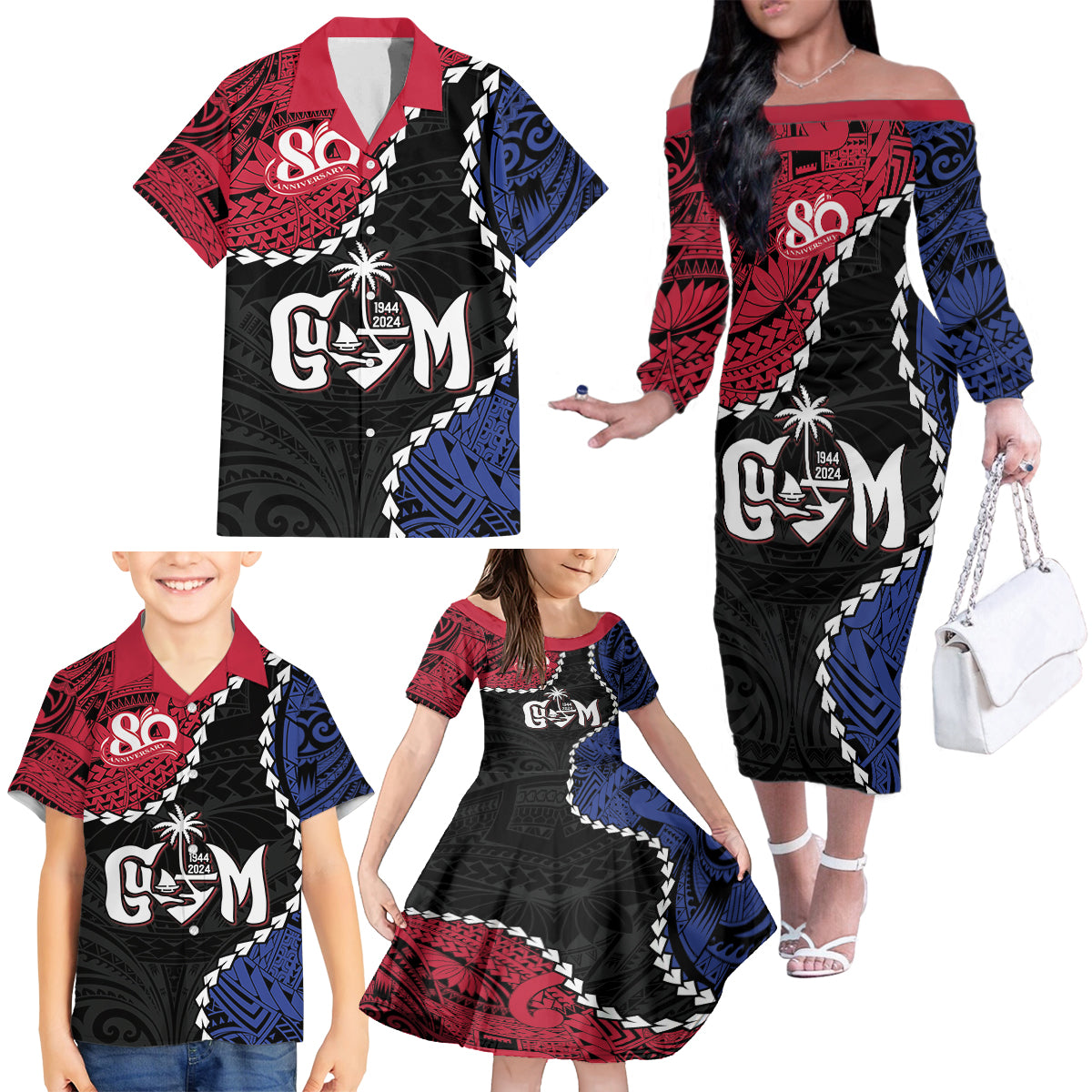 Personalized Guam 80th Anniversary Liberation Day Family Matching Off The Shoulder Long Sleeve Dress and Hawaiian Shirt Tano I Man Chamoru Since 1944 LT9 - Polynesian Pride