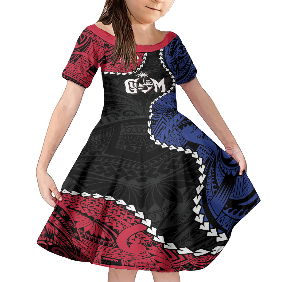 Personalized Guam 80th Anniversary Liberation Day Family Matching Off Shoulder Maxi Dress and Hawaiian Shirt Tano I Man Chamoru Since 1944 LT9 Daughter's Dress Black - Polynesian Pride