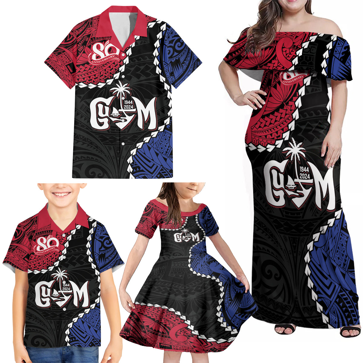 Personalized Guam 80th Anniversary Liberation Day Family Matching Off Shoulder Maxi Dress and Hawaiian Shirt Tano I Man Chamoru Since 1944 LT9 - Polynesian Pride