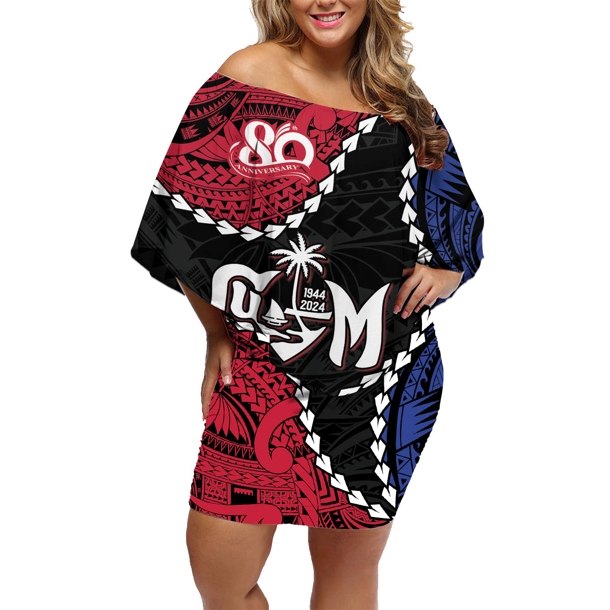 Personalized Guam 80th Anniversary Liberation Day Family Matching Off Shoulder Short Dress and Hawaiian Shirt Tano I Man Chamoru Since 1944 LT9 Mom's Dress Black - Polynesian Pride