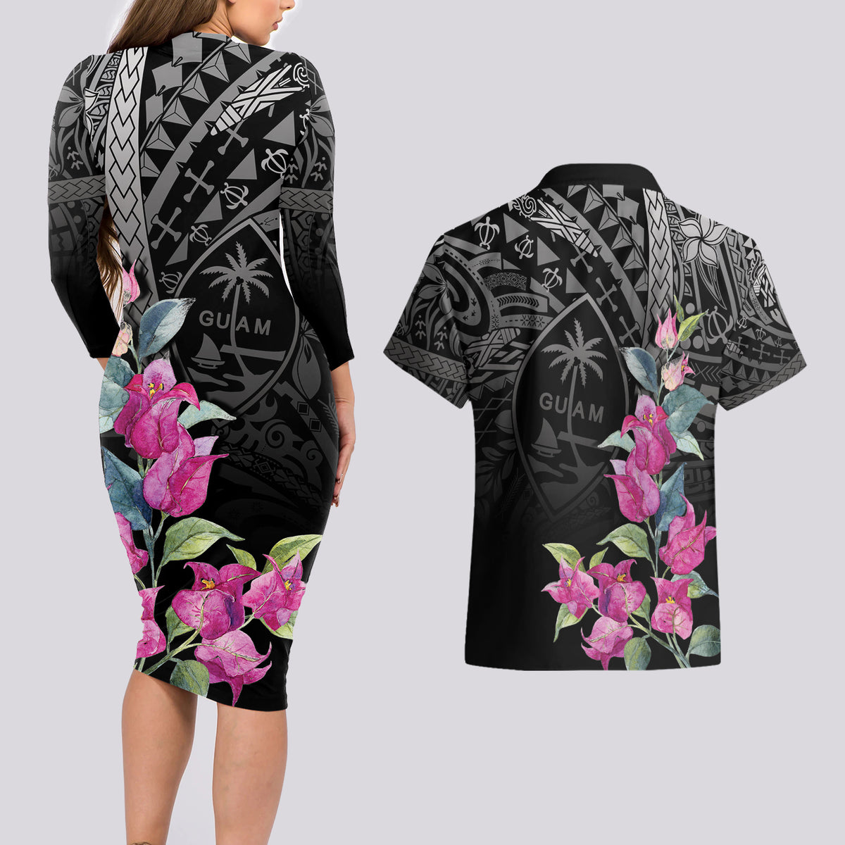 Guahan Puti Tai Nobiu Couples Matching Long Sleeve Bodycon Dress and Hawaiian Shirt Guam Bougainvillea Flower Art LT9 - Polynesian Pride