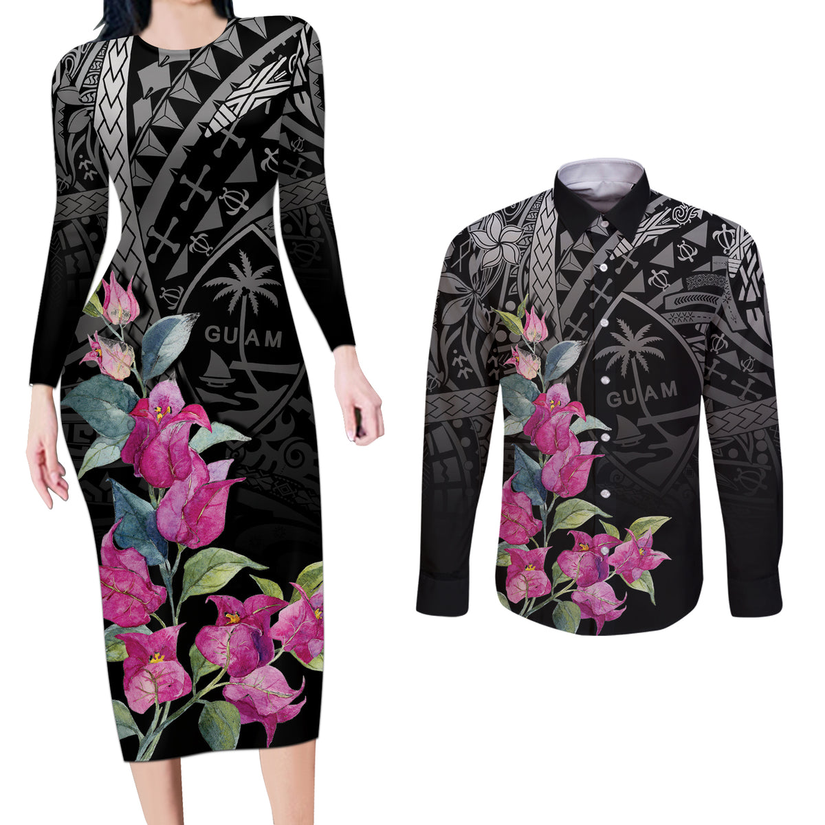 Guahan Puti Tai Nobiu Couples Matching Long Sleeve Bodycon Dress and Long Sleeve Button Shirt Guam Bougainvillea Flower Art LT9 Black - Polynesian Pride