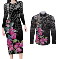 Guahan Puti Tai Nobiu Couples Matching Long Sleeve Bodycon Dress and Long Sleeve Button Shirt Guam Bougainvillea Flower Art LT9 Black - Polynesian Pride