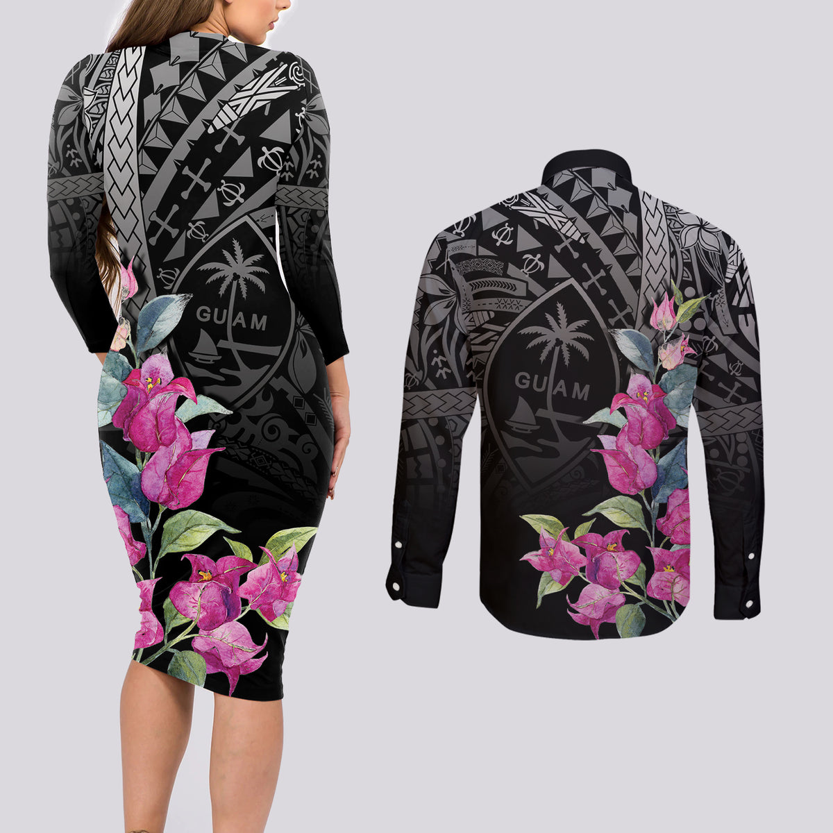 Guahan Puti Tai Nobiu Couples Matching Long Sleeve Bodycon Dress and Long Sleeve Button Shirt Guam Bougainvillea Flower Art LT9 - Polynesian Pride