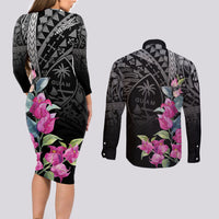 Guahan Puti Tai Nobiu Couples Matching Long Sleeve Bodycon Dress and Long Sleeve Button Shirt Guam Bougainvillea Flower Art LT9 - Polynesian Pride