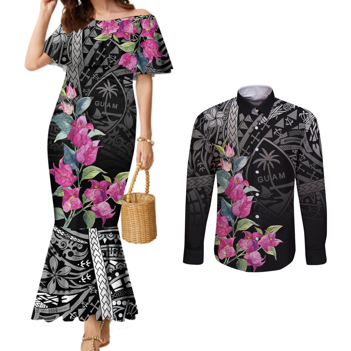 Guahan Puti Tai Nobiu Couples Matching Mermaid Dress and Long Sleeve Button Shirt Guam Bougainvillea Flower Art LT9 Black - Polynesian Pride