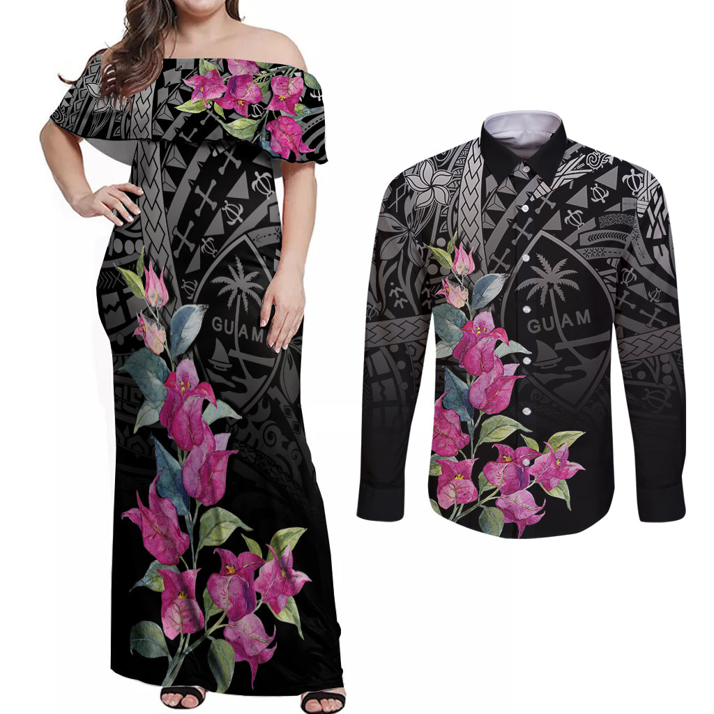 Guahan Puti Tai Nobiu Couples Matching Off Shoulder Maxi Dress and Long Sleeve Button Shirt Guam Bougainvillea Flower Art LT9 Black - Polynesian Pride