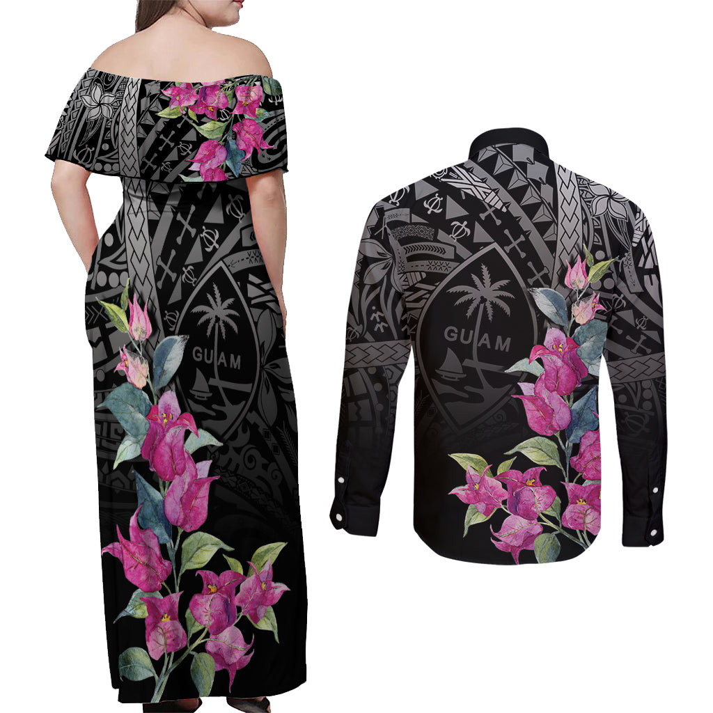 Guahan Puti Tai Nobiu Couples Matching Off Shoulder Maxi Dress and Long Sleeve Button Shirt Guam Bougainvillea Flower Art LT9 - Polynesian Pride