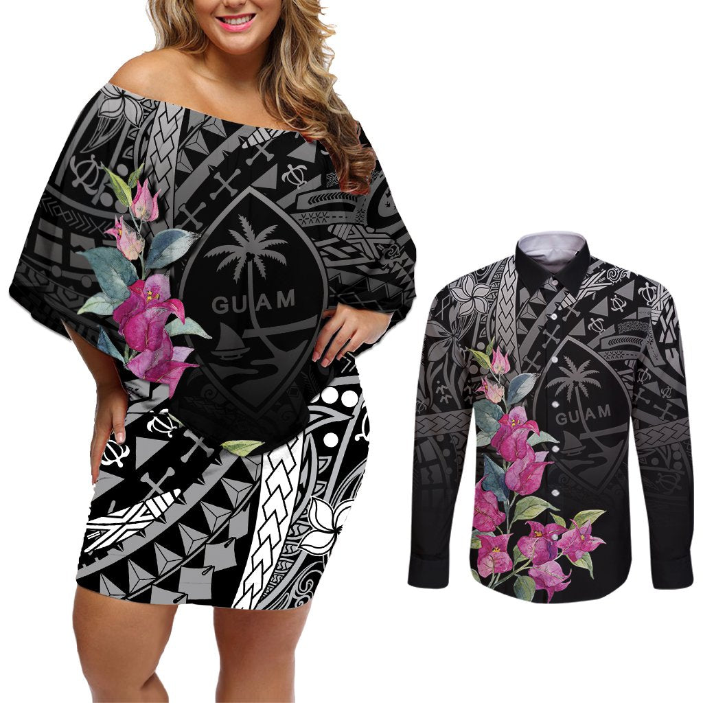 Guahan Puti Tai Nobiu Couples Matching Off Shoulder Short Dress and Long Sleeve Button Shirt Guam Bougainvillea Flower Art LT9 Black - Polynesian Pride