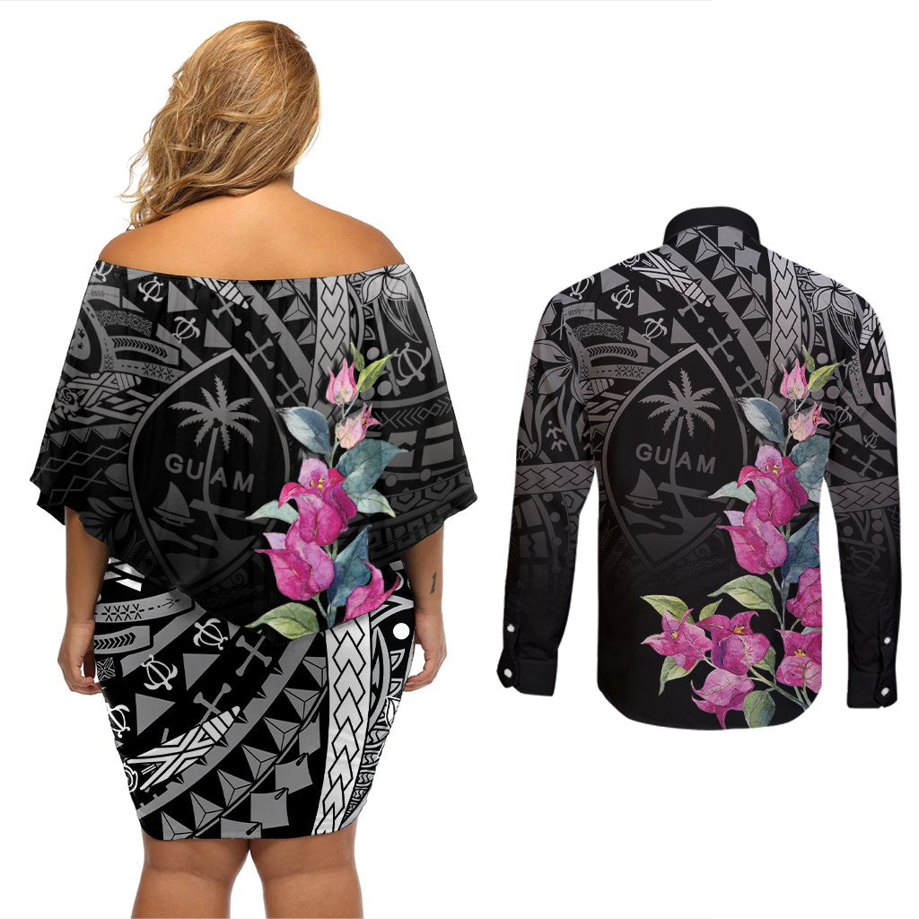 Guahan Puti Tai Nobiu Couples Matching Off Shoulder Short Dress and Long Sleeve Button Shirt Guam Bougainvillea Flower Art LT9 - Polynesian Pride