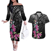 Guahan Puti Tai Nobiu Couples Matching Off The Shoulder Long Sleeve Dress and Hawaiian Shirt Guam Bougainvillea Flower Art LT9 Black - Polynesian Pride