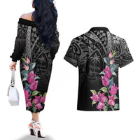 Guahan Puti Tai Nobiu Couples Matching Off The Shoulder Long Sleeve Dress and Hawaiian Shirt Guam Bougainvillea Flower Art LT9 - Polynesian Pride