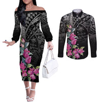 Guahan Puti Tai Nobiu Couples Matching Off The Shoulder Long Sleeve Dress and Long Sleeve Button Shirt Guam Bougainvillea Flower Art LT9 Black - Polynesian Pride