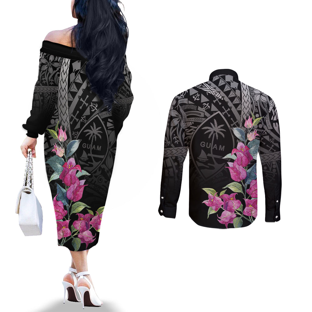 Guahan Puti Tai Nobiu Couples Matching Off The Shoulder Long Sleeve Dress and Long Sleeve Button Shirt Guam Bougainvillea Flower Art LT9 - Polynesian Pride