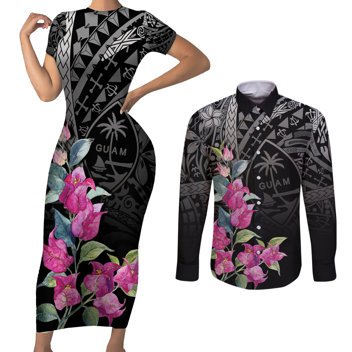 Guahan Puti Tai Nobiu Couples Matching Short Sleeve Bodycon Dress and Long Sleeve Button Shirt Guam Bougainvillea Flower Art LT9 Black - Polynesian Pride