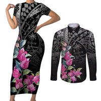 Guahan Puti Tai Nobiu Couples Matching Short Sleeve Bodycon Dress and Long Sleeve Button Shirt Guam Bougainvillea Flower Art LT9 Black - Polynesian Pride