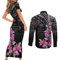 Guahan Puti Tai Nobiu Couples Matching Short Sleeve Bodycon Dress and Long Sleeve Button Shirt Guam Bougainvillea Flower Art LT9 - Polynesian Pride