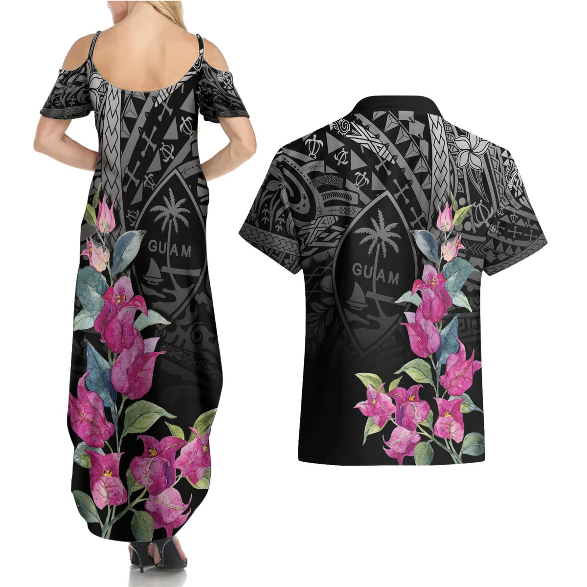 Guahan Puti Tai Nobiu Couples Matching Summer Maxi Dress and Hawaiian Shirt Guam Bougainvillea Flower Art LT9 - Polynesian Pride