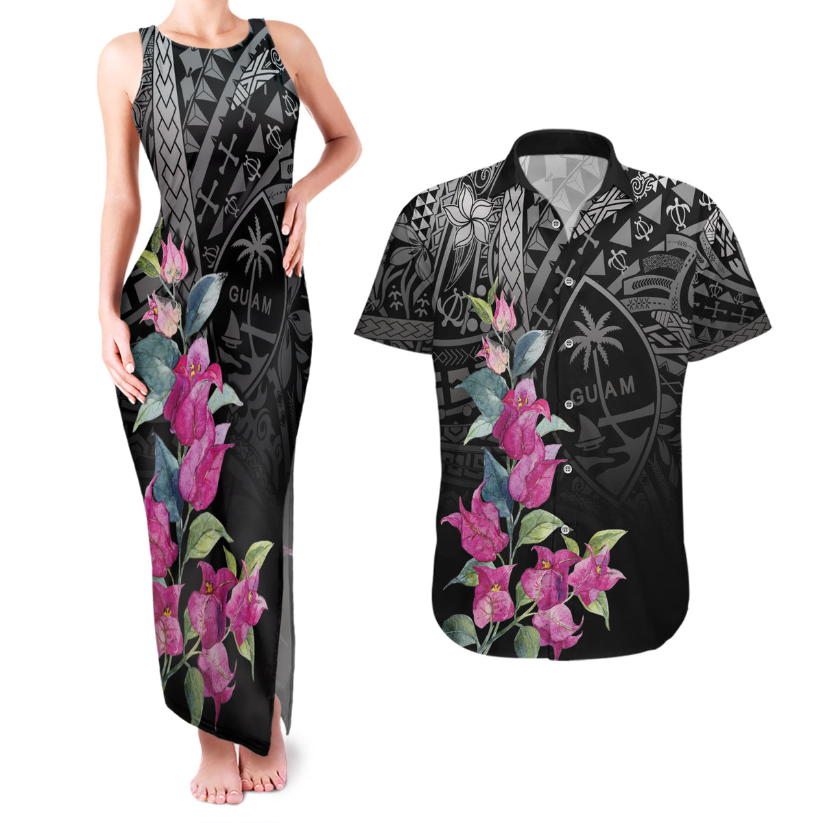 Guahan Puti Tai Nobiu Couples Matching Tank Maxi Dress and Hawaiian Shirt Guam Bougainvillea Flower Art LT9 Black - Polynesian Pride