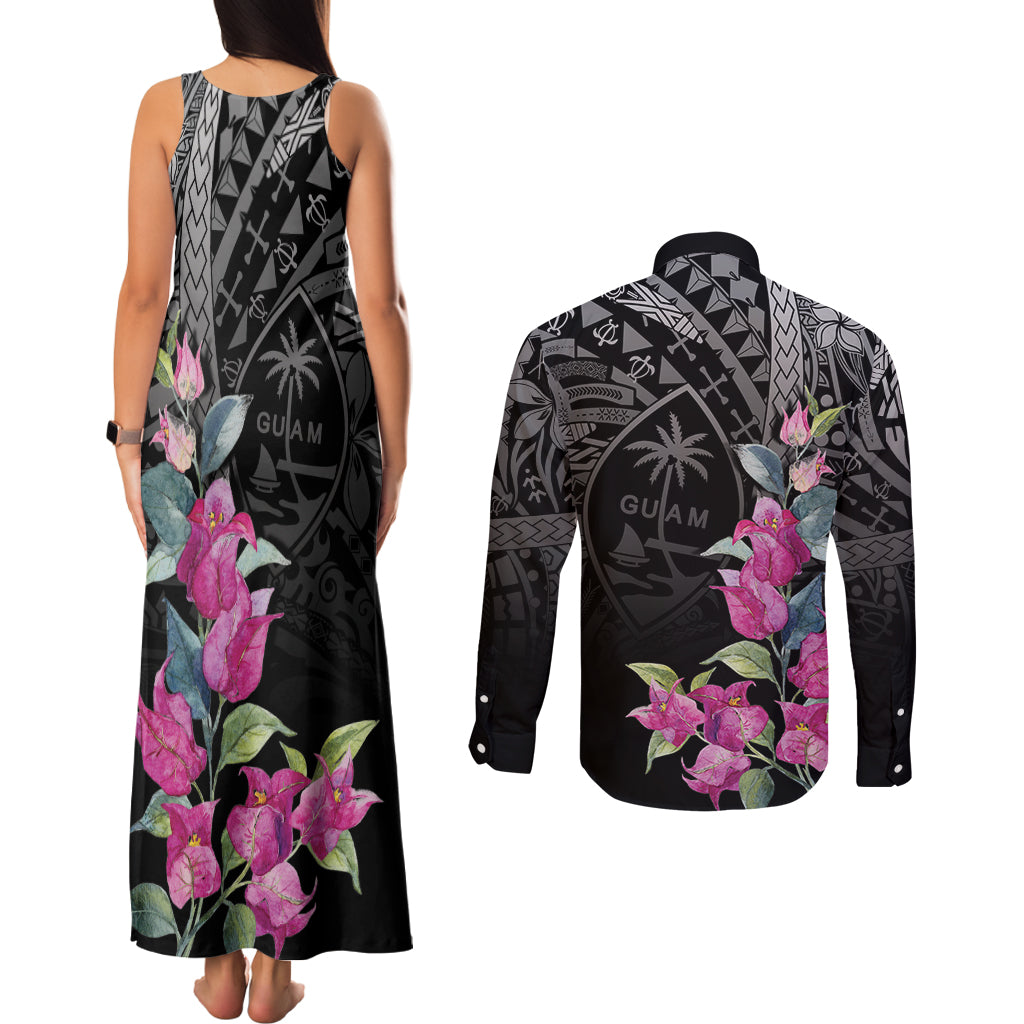 Guahan Puti Tai Nobiu Couples Matching Tank Maxi Dress and Long Sleeve Button Shirt Guam Bougainvillea Flower Art LT9 - Polynesian Pride