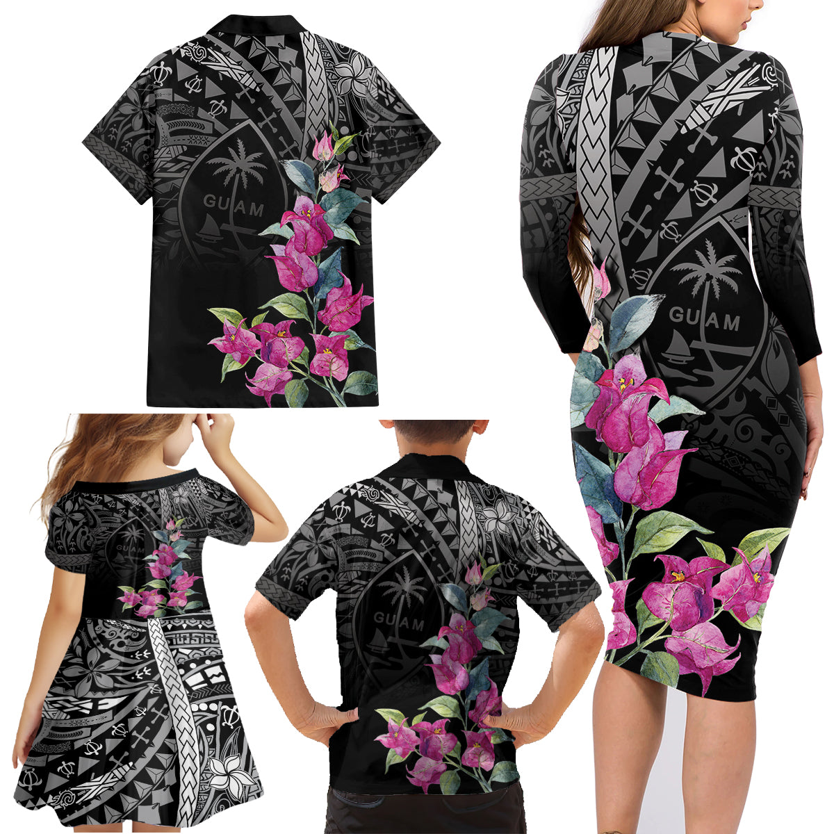 Guahan Puti Tai Nobiu Family Matching Long Sleeve Bodycon Dress and Hawaiian Shirt Guam Bougainvillea Flower Art LT9 - Polynesian Pride