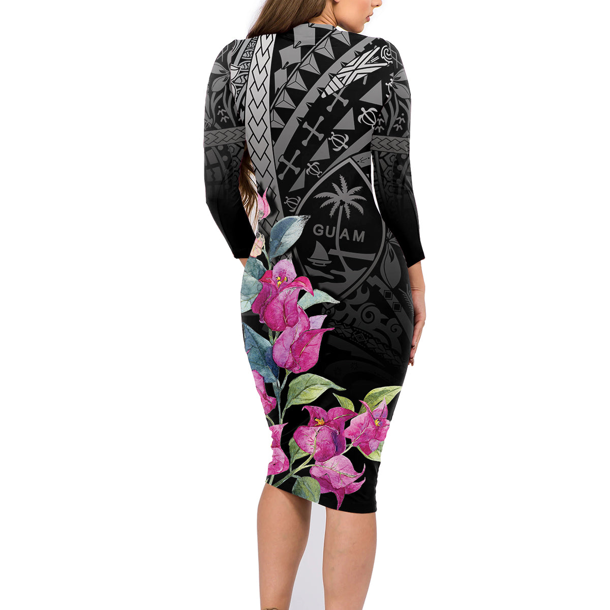 Guahan Puti Tai Nobiu Family Matching Long Sleeve Bodycon Dress and Hawaiian Shirt Guam Bougainvillea Flower Art LT9 - Polynesian Pride