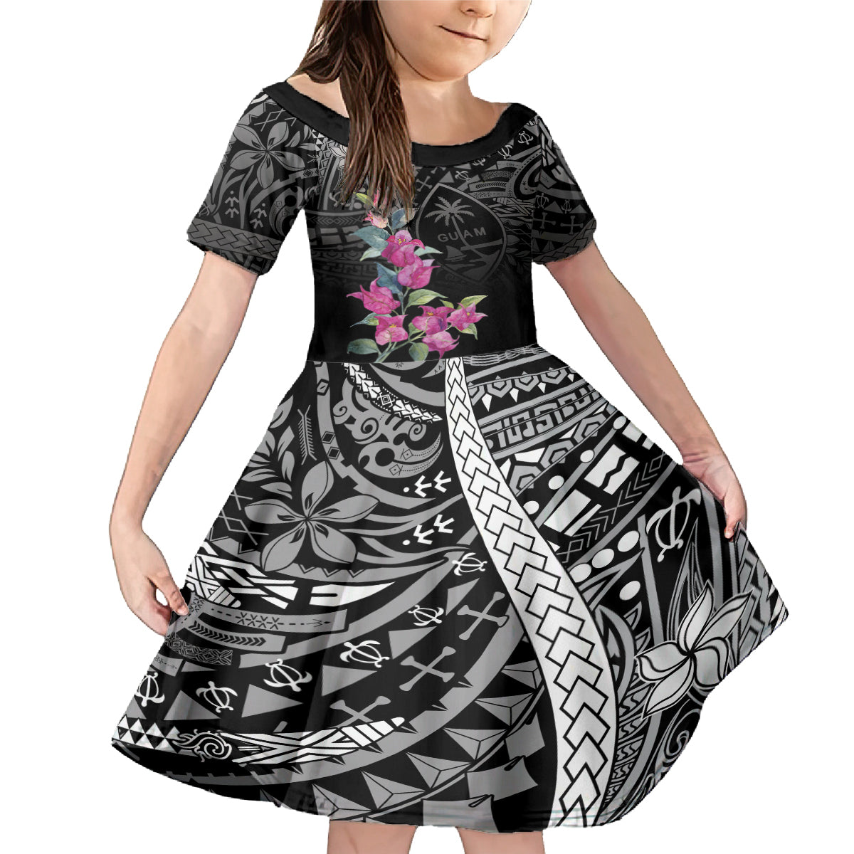 Guahan Puti Tai Nobiu Family Matching Mermaid Dress and Hawaiian Shirt Guam Bougainvillea Flower Art LT9 Daughter's Dress Black - Polynesian Pride