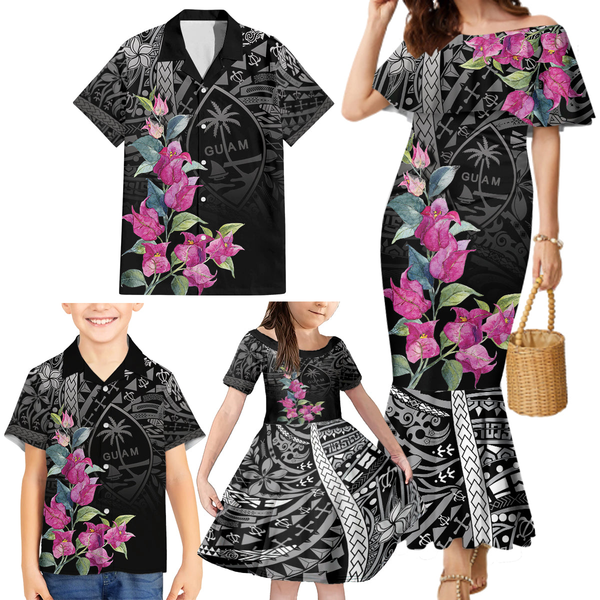 Guahan Puti Tai Nobiu Family Matching Mermaid Dress and Hawaiian Shirt Guam Bougainvillea Flower Art LT9 - Polynesian Pride
