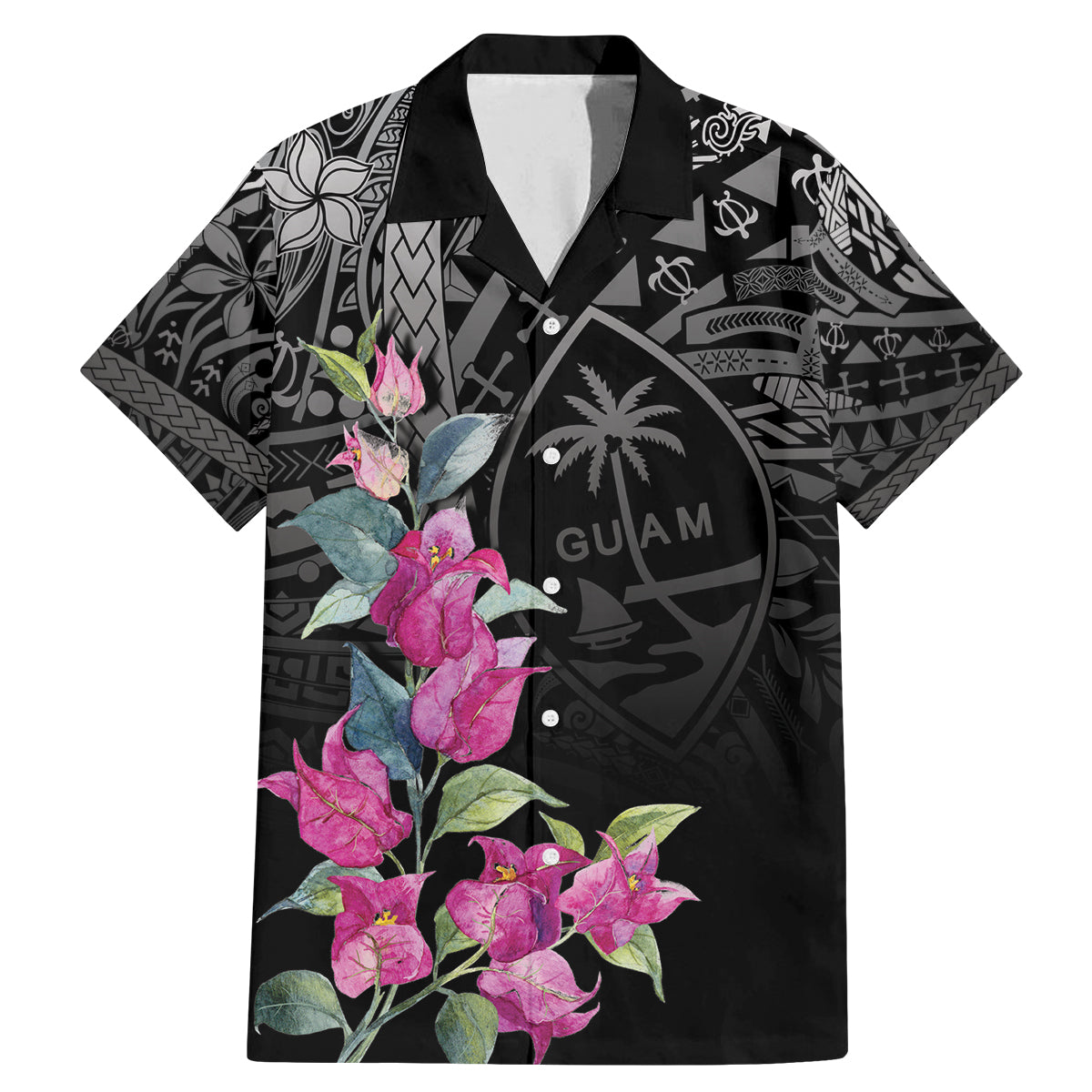 Guahan Puti Tai Nobiu Family Matching Mermaid Dress and Hawaiian Shirt Guam Bougainvillea Flower Art LT9 Dad's Shirt - Short Sleeve Black - Polynesian Pride