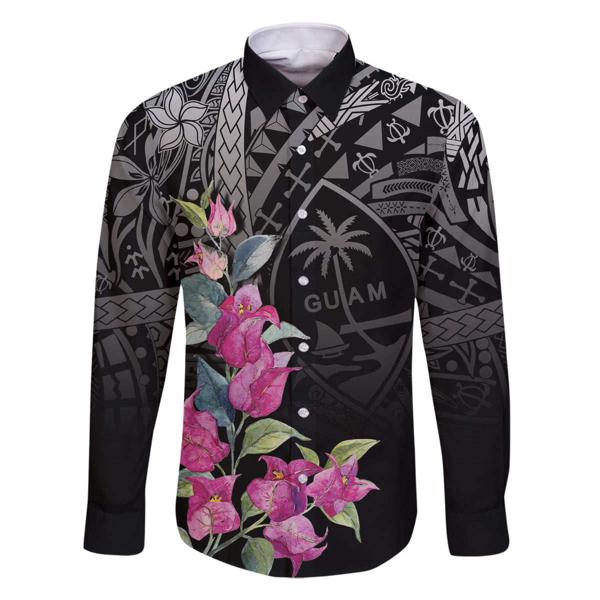 Guahan Puti Tai Nobiu Family Matching Mermaid Dress and Hawaiian Shirt Guam Bougainvillea Flower Art LT9 Dad's Shirt - Long Sleeve Black - Polynesian Pride