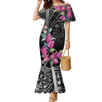 Guahan Puti Tai Nobiu Family Matching Mermaid Dress and Hawaiian Shirt Guam Bougainvillea Flower Art LT9 Mom's Dress Black - Polynesian Pride